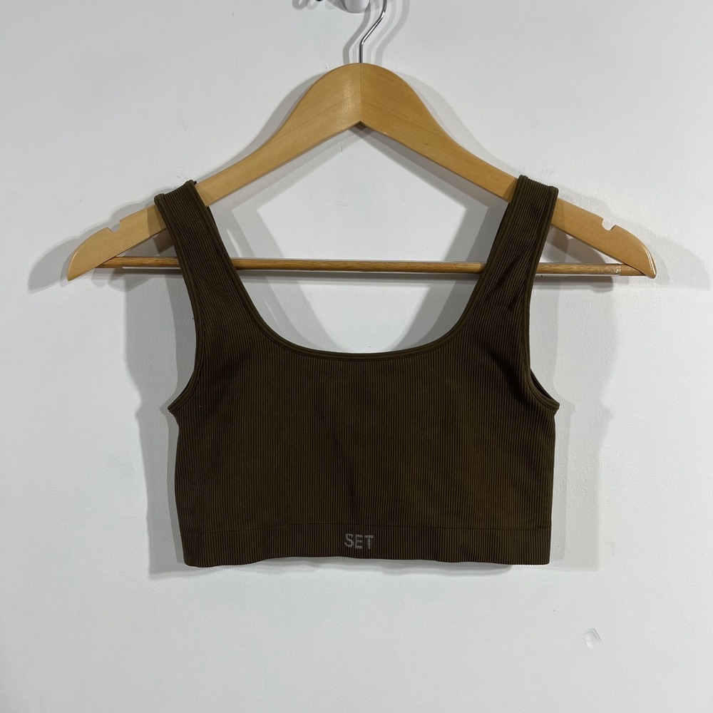 Set Active Ribbed Crop Top Brown Athleisure Sports Bra Tennis Sporty Workout Gym
